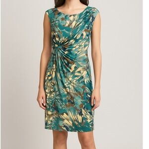 dressbarn Teal Blue Brown Butterfly Print Sheath Dress Women's Size 10